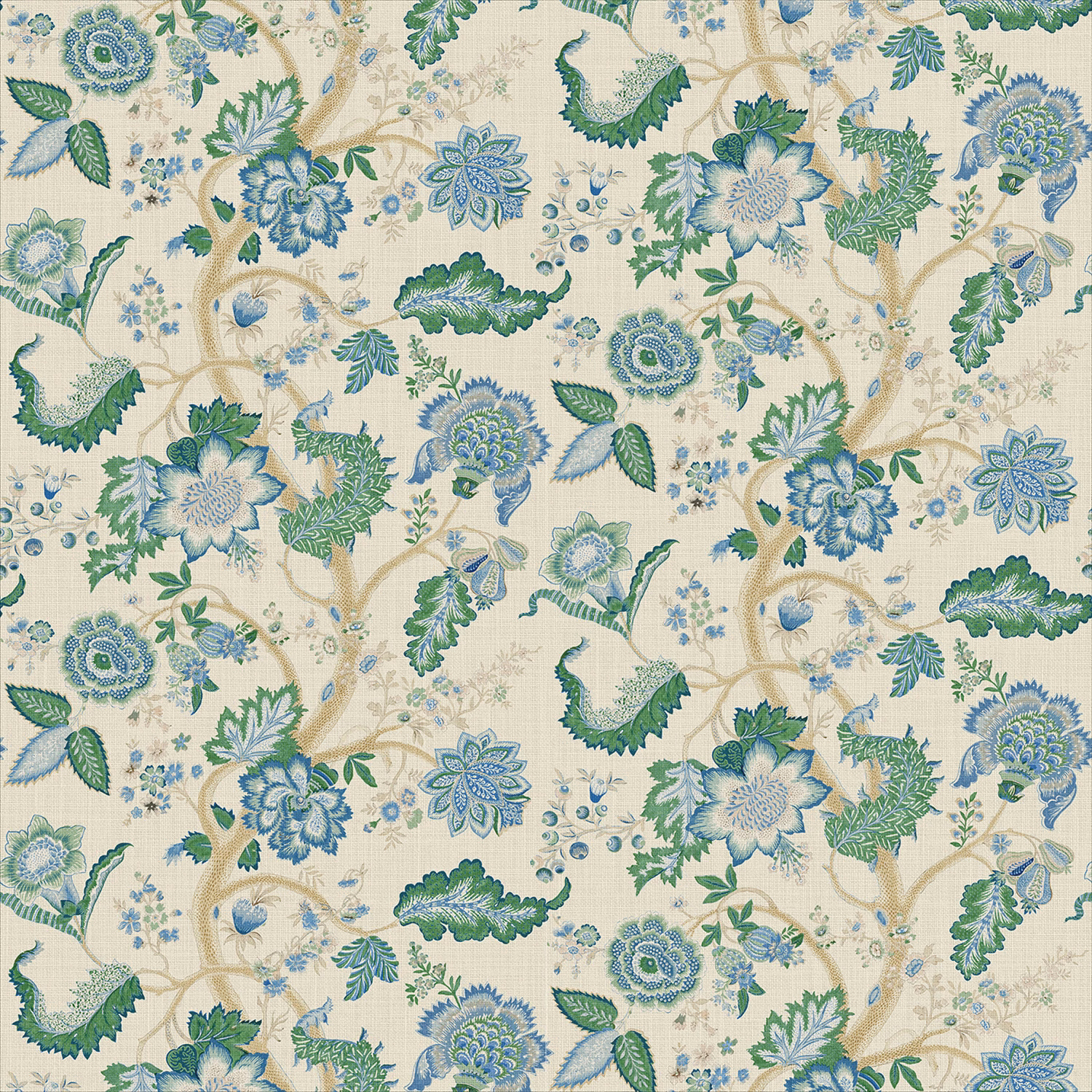Cream linen with blue-green flowers, leafy stems and intricate botanical foliage