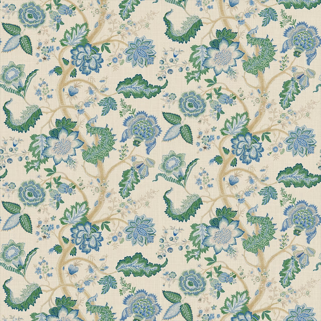 Cream linen with blue-green flowers, leafy stems and intricate botanical foliage