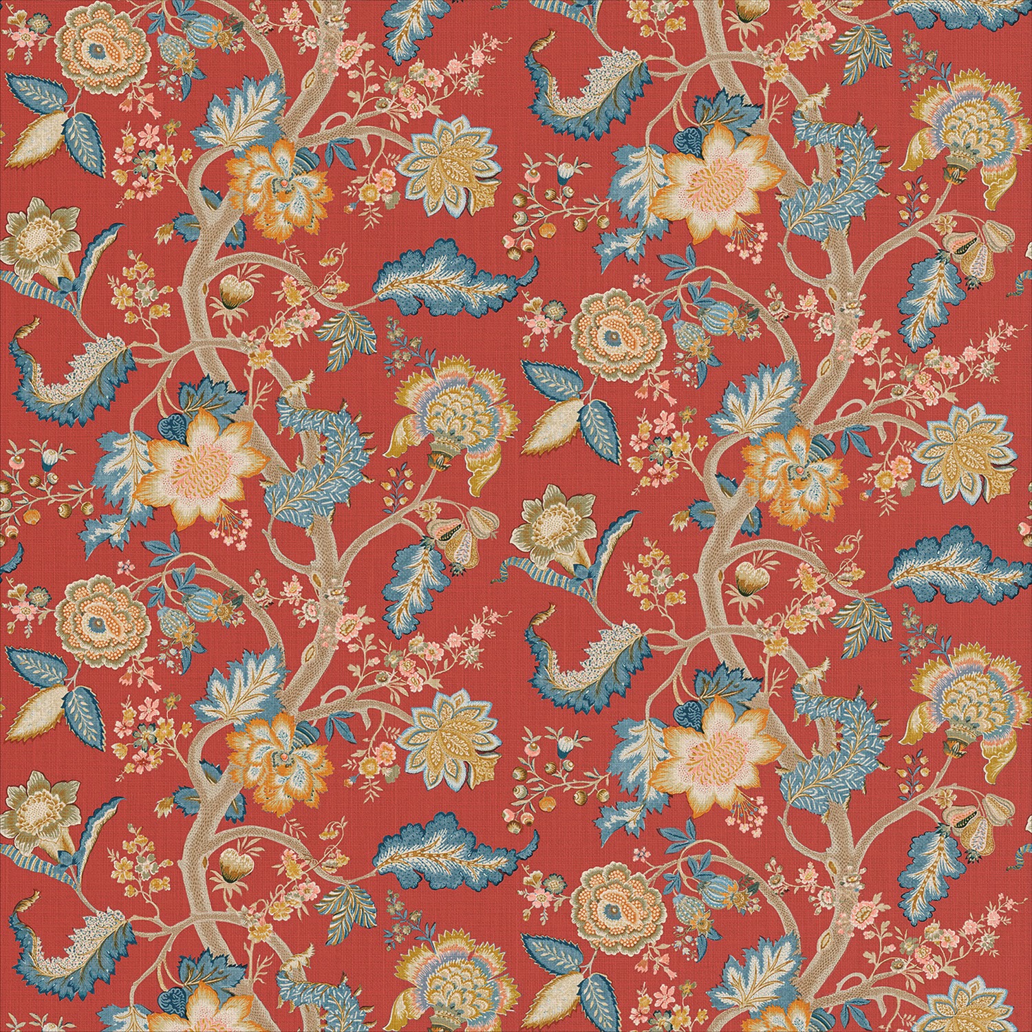 Warm red linen with teal foliage, cream flowers and peach blooms in a dense repeat.