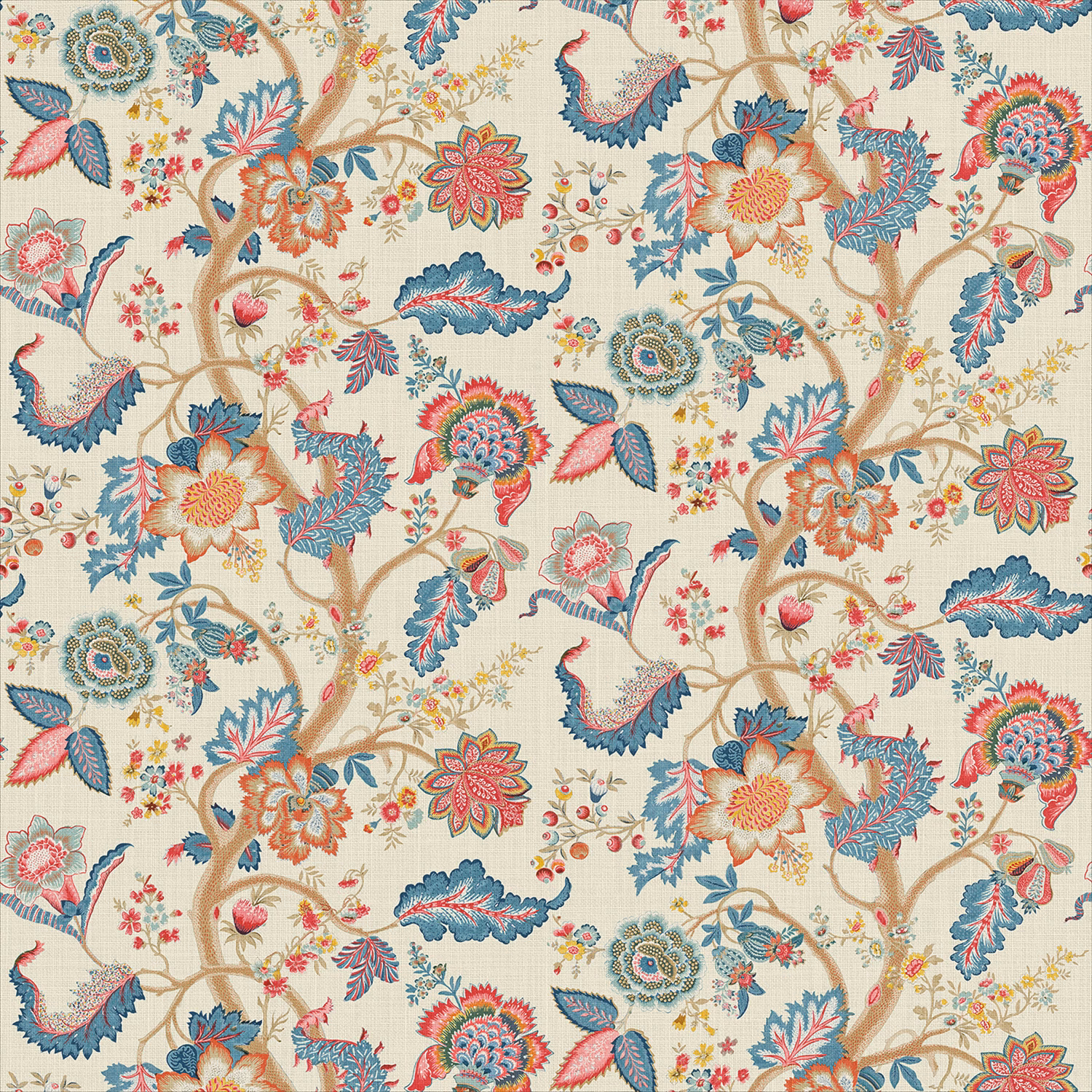 Cream linen with teal, coral and pink botanical flowers and leafy branches