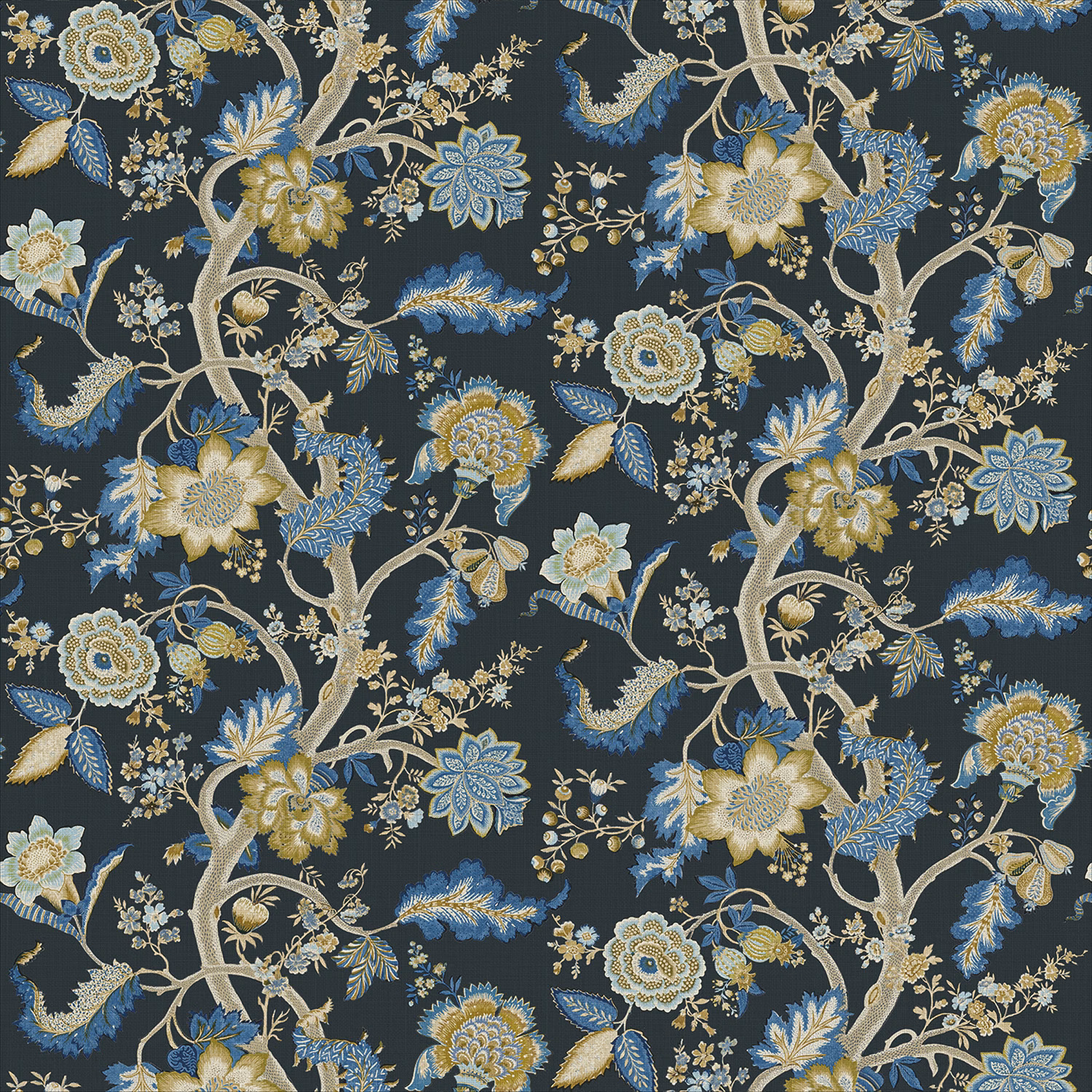 Deep navy fabric with blue florals, cream branches and muted gold botanical details