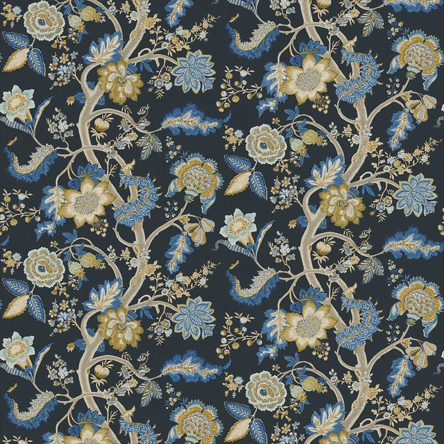 Deep navy fabric with blue florals, cream branches and muted gold botanical details