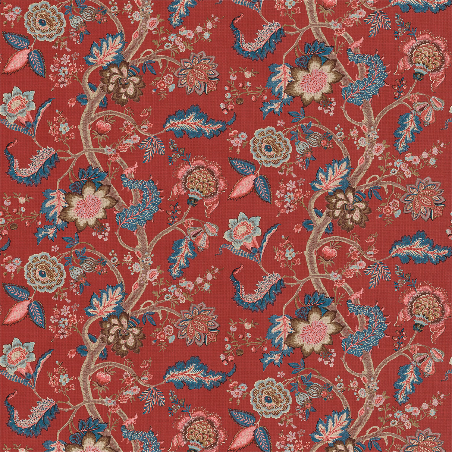 Muted old red linen with turquoise foliage, cream flowers and scrolling botanical motifs