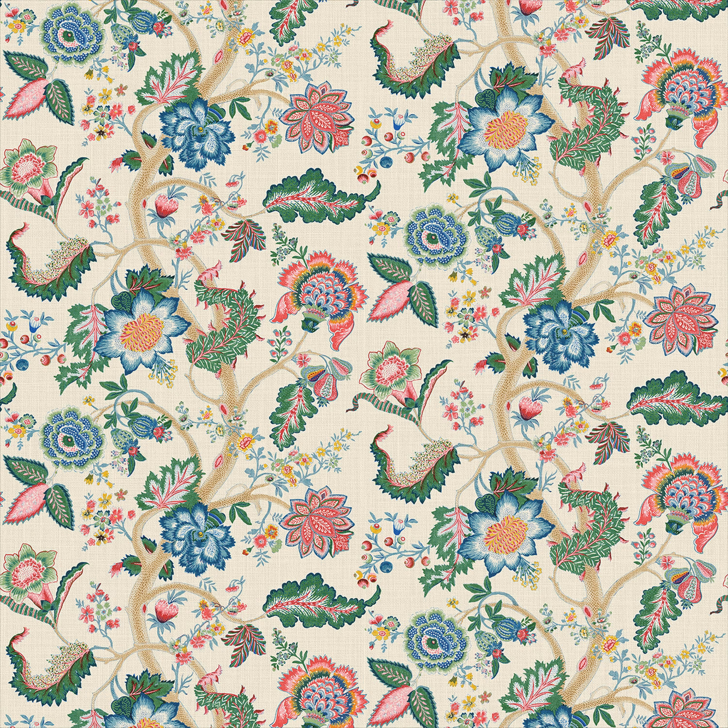 Cream linen with spring green foliage, blue flowers and coral botanical blooms