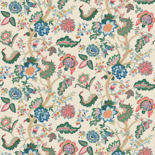 Cream linen with spring green foliage, blue flowers and coral botanical blooms