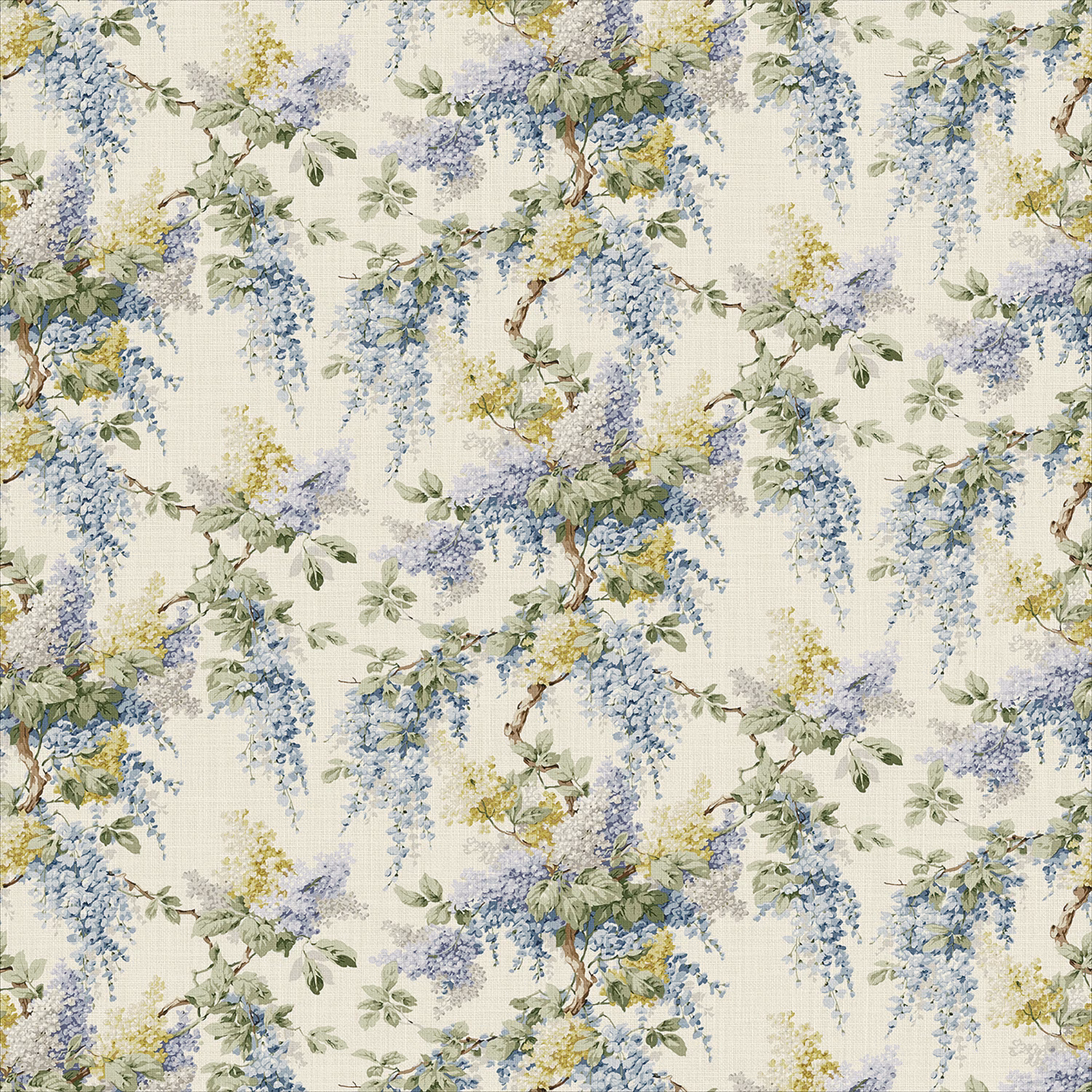 Blue wisteria, yellow blossom and green foliage on a pale linen ground