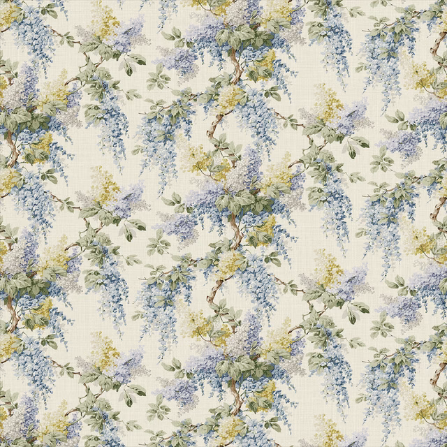 Blue wisteria, yellow blossom and green foliage on a pale linen ground