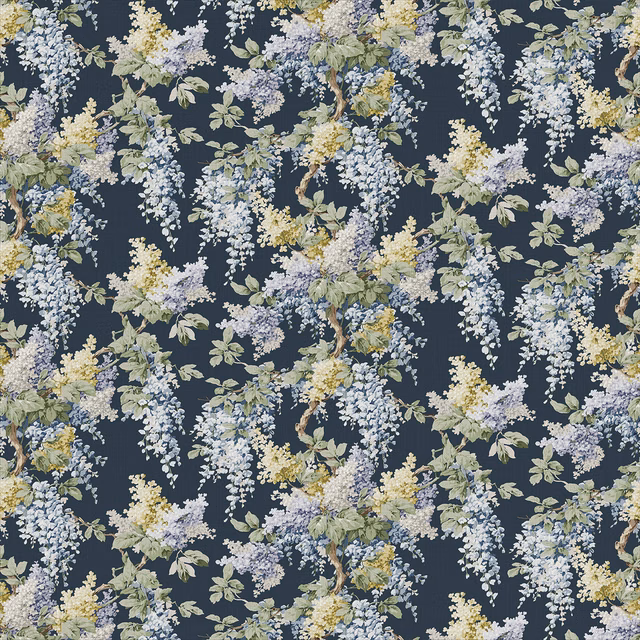 Midnight navy linen with cascading pale blue, lilac and yellow floral sprays