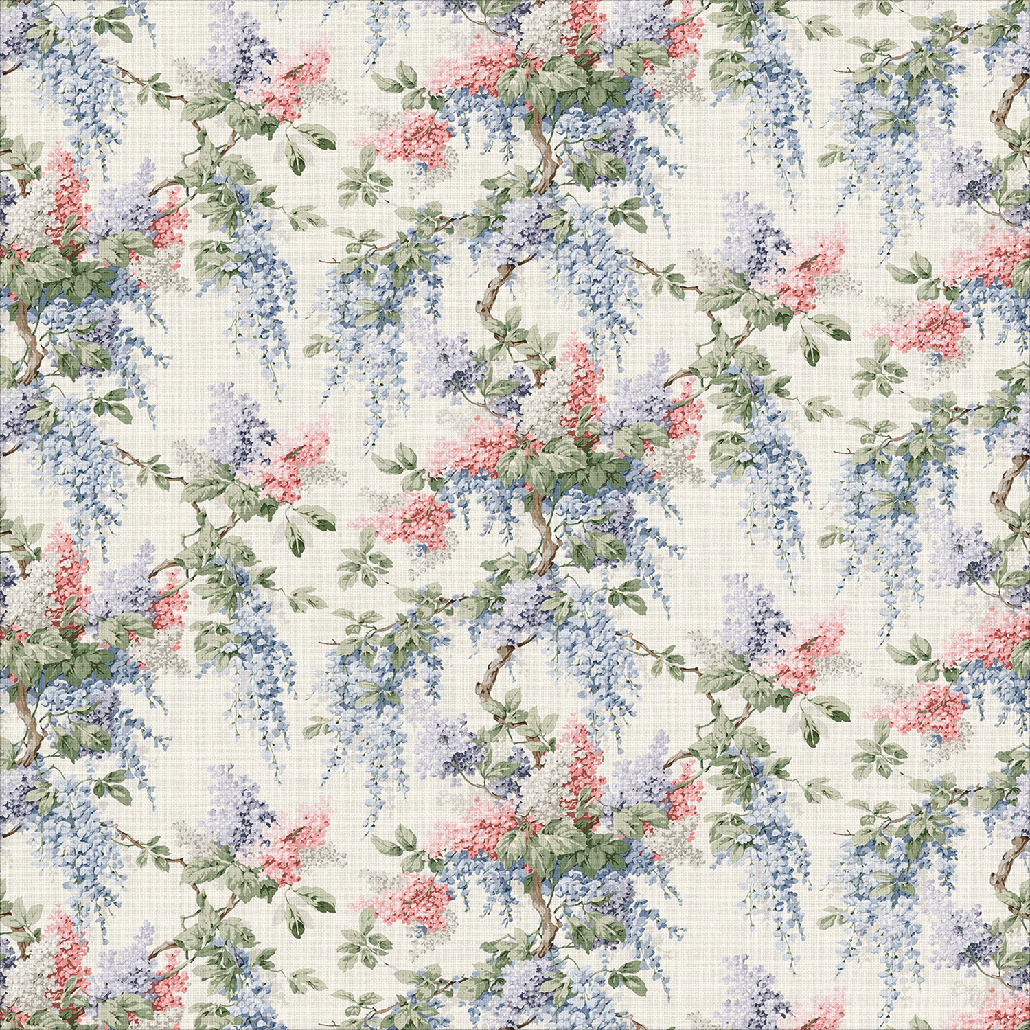 Pale linen floral print with cascading blue blooms, pink sprays and green foliage