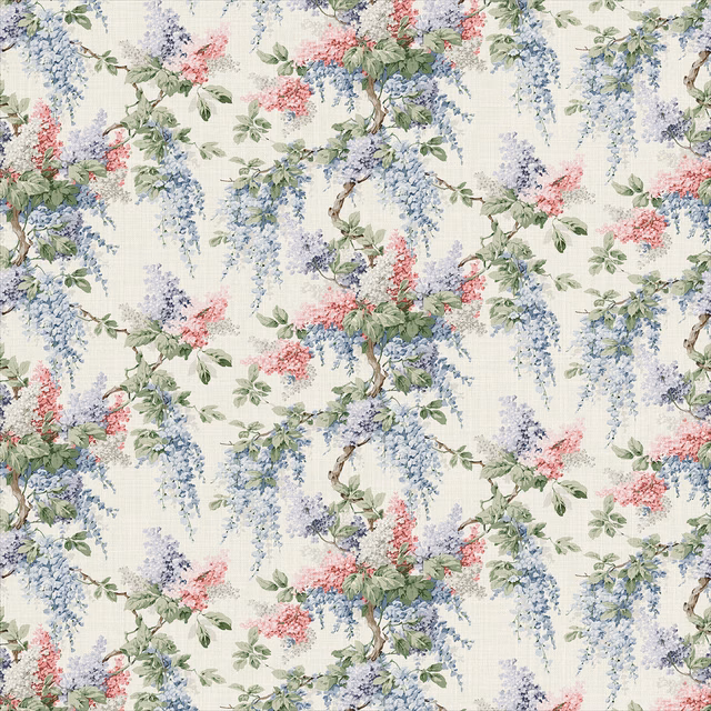 Pale linen floral print with cascading blue blooms, pink sprays and green foliage