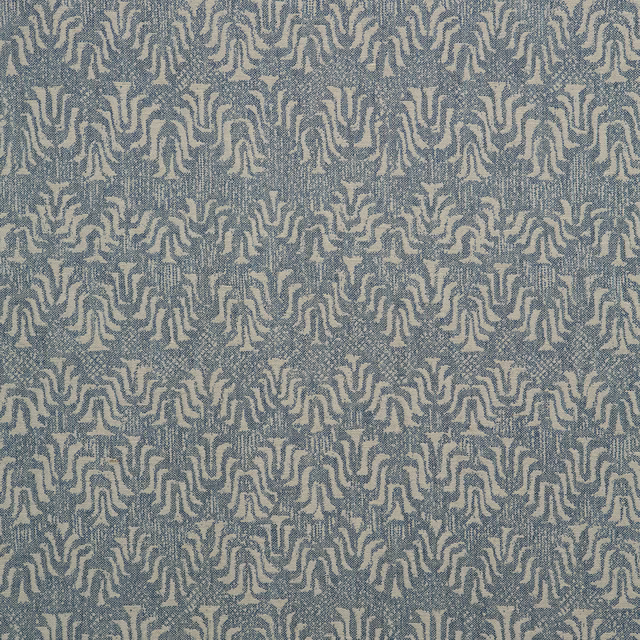 Blue-grey woven ground with pale beige branching motifs and granular texture