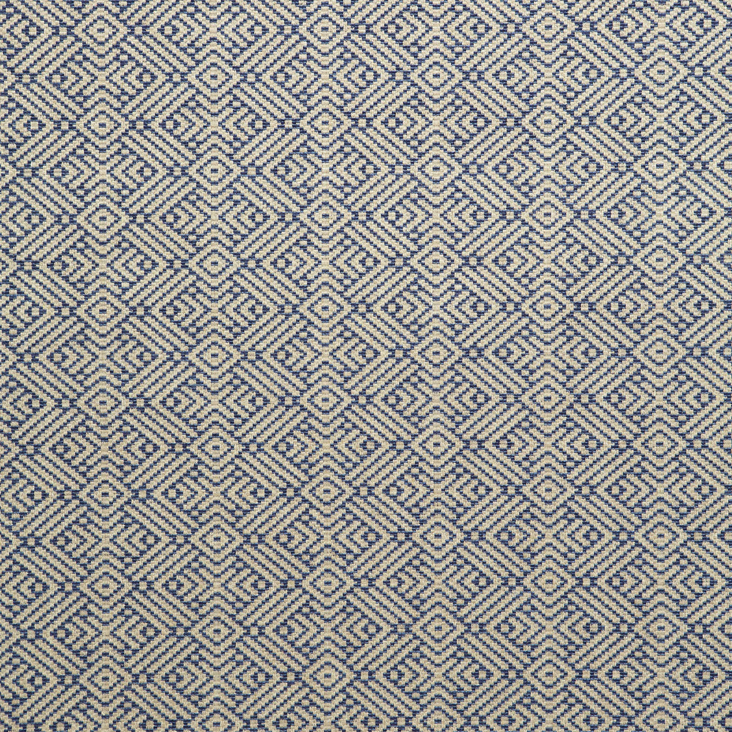 Muted indigo and ivory woven fabric with a repeating small diamond geometric pattern