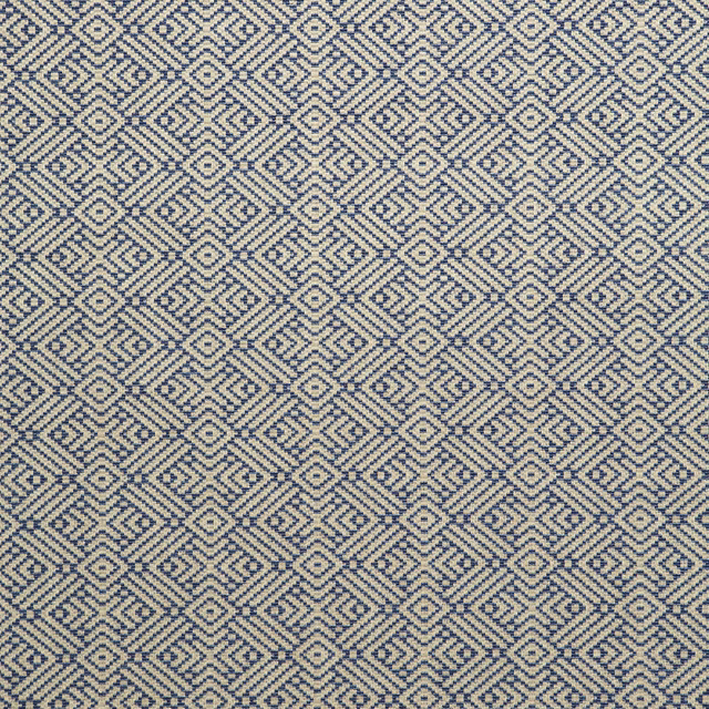 Muted indigo and ivory woven fabric with a repeating small diamond geometric pattern