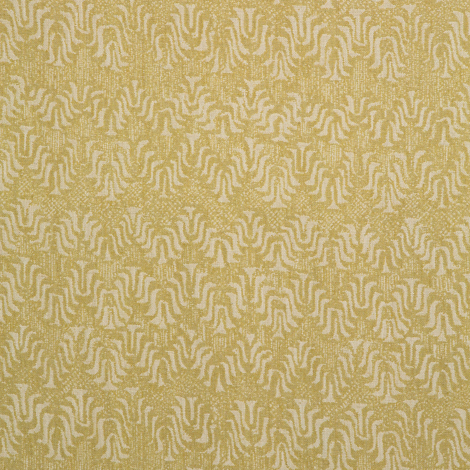 Muted maize woven fabric with cream abstract branching motifs and a softly flecked texture
