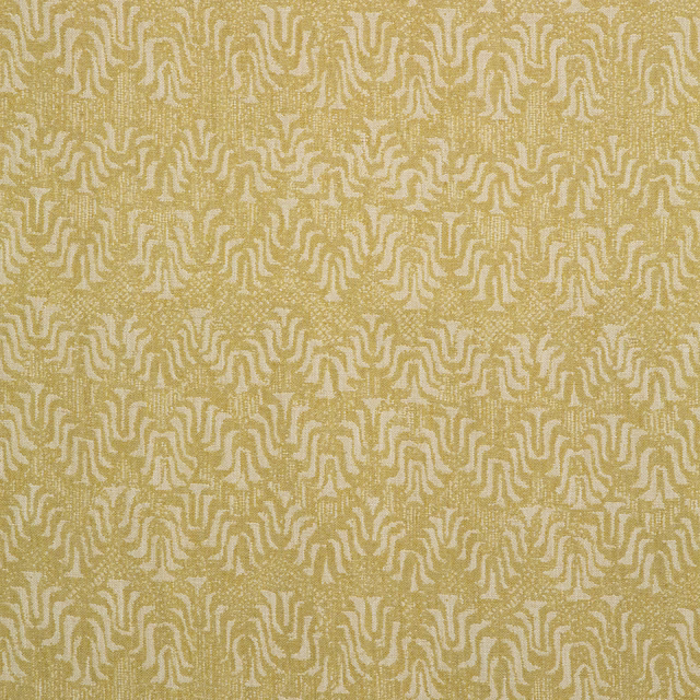 Muted maize woven fabric with cream abstract branching motifs and a softly flecked texture