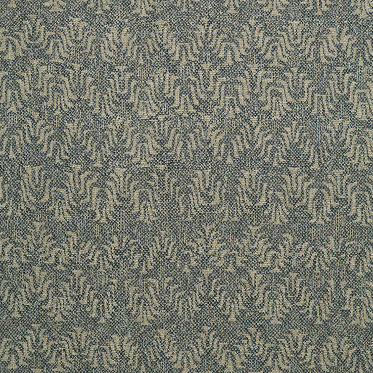 Muted ocean blue-grey woven fabric with repeating taupe abstract organic motifs