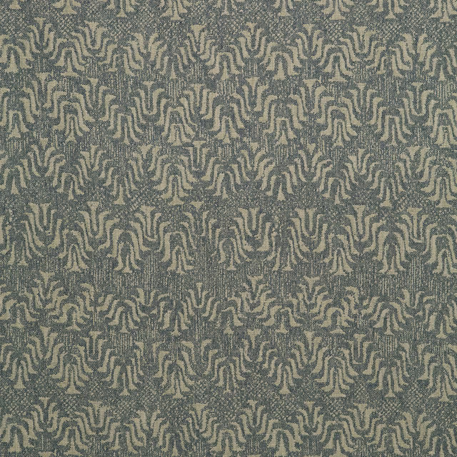 Muted ocean blue-grey woven fabric with repeating taupe abstract organic motifs