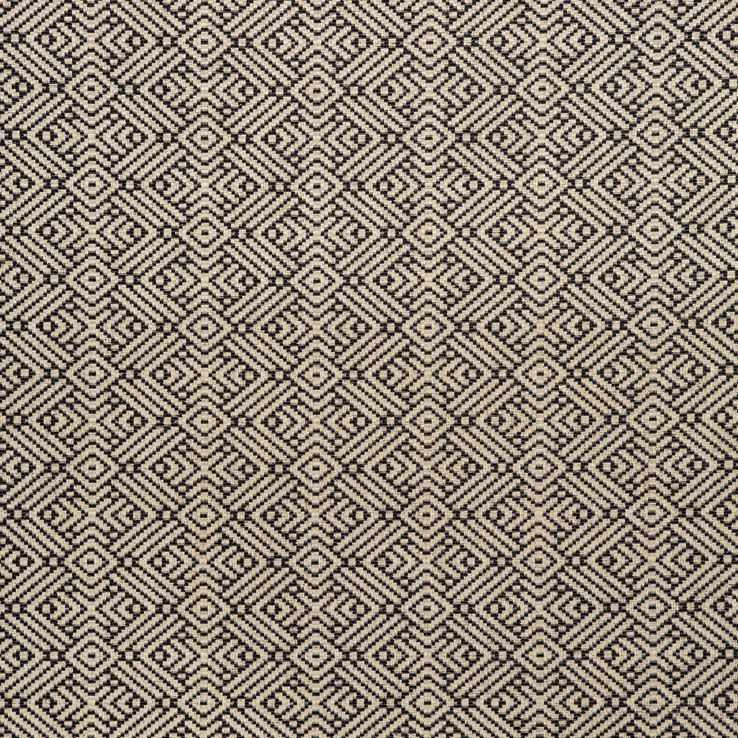 Black and cream woven swatch with repeating diamond and maze motifs