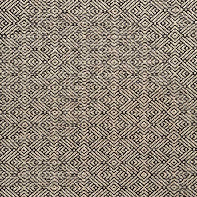 Black and cream woven swatch with repeating diamond and maze motifs