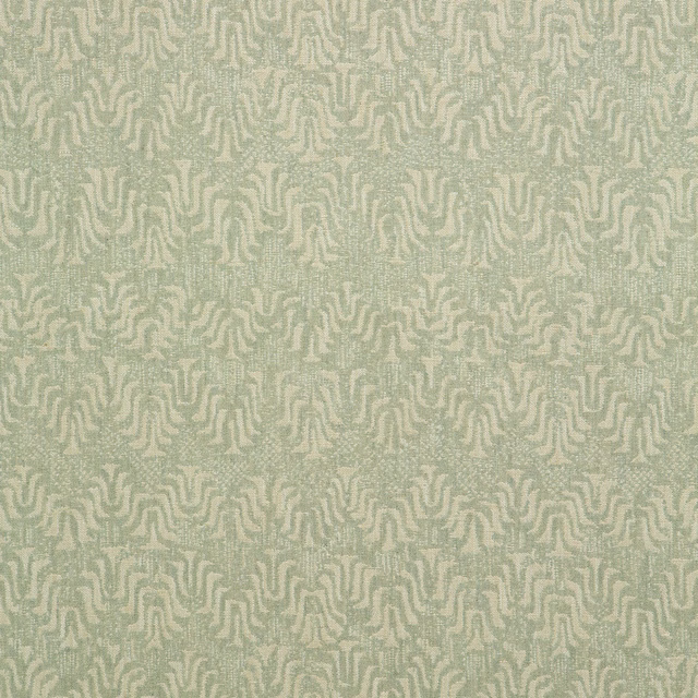 Pale sage woven fabric with softly raised, irregular ivory-green maze motifs