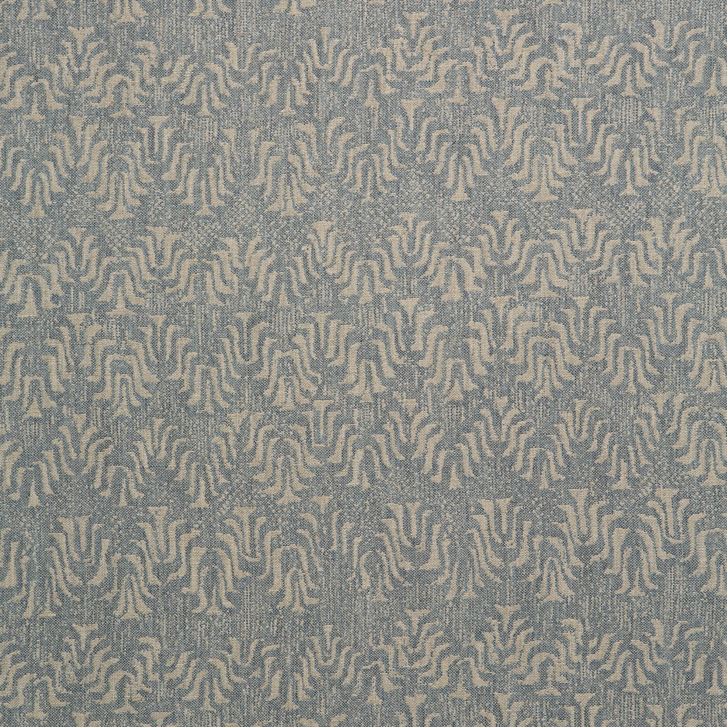 Muted sea-blue woven ground with small sand-grey abstract motifs and fine slub texture