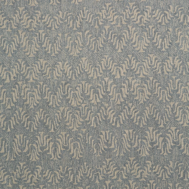 Muted sea-blue woven ground with small sand-grey abstract motifs and fine slub texture