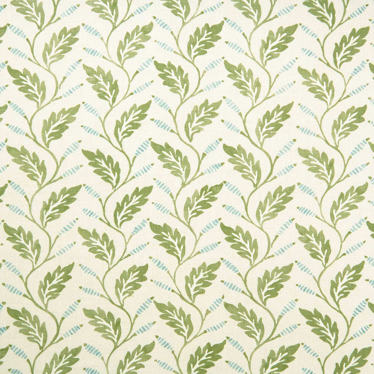 Apple green trailing leaf motif on ivory linen fabric with aqua sprigs