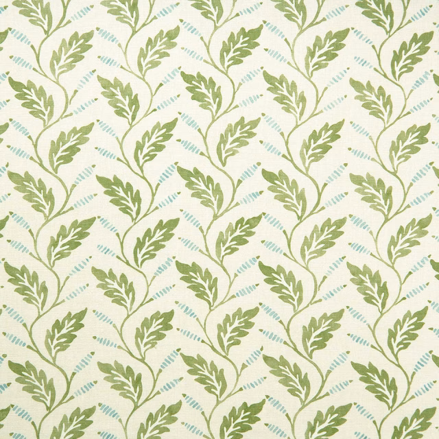 Apple green trailing leaf motif on ivory linen fabric with aqua sprigs