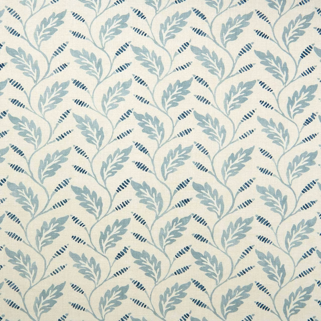Soft aqua blue leaf-pattern linen on a pale natural ground