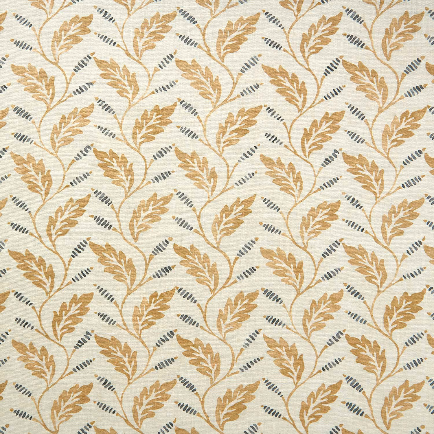 Cream linen fabric with nutmeg-gold leaf trails and small slate accents