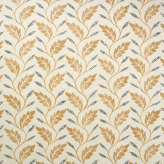 Cream linen fabric with nutmeg-gold leaf trails and small slate accents