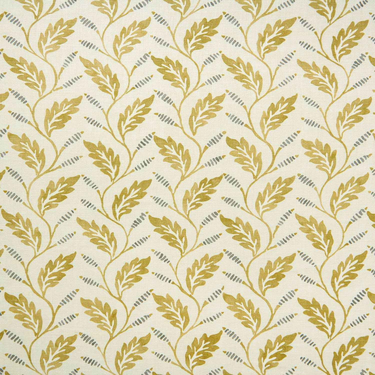 Olive leafy repeat printed on pale linen cloth with a soft woven texture
