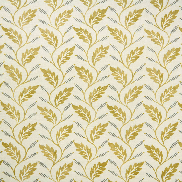 Olive leafy repeat printed on pale linen cloth with a soft woven texture