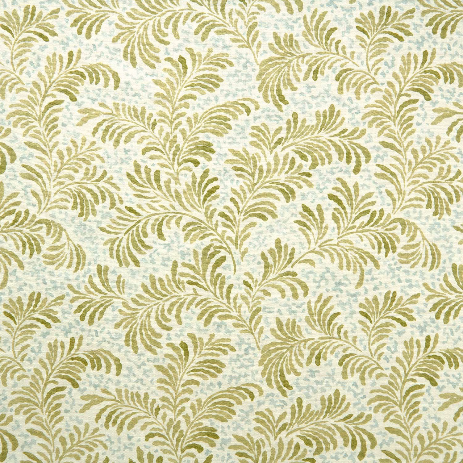 Olive green leafy botanical linen fabric on a pale cream ground