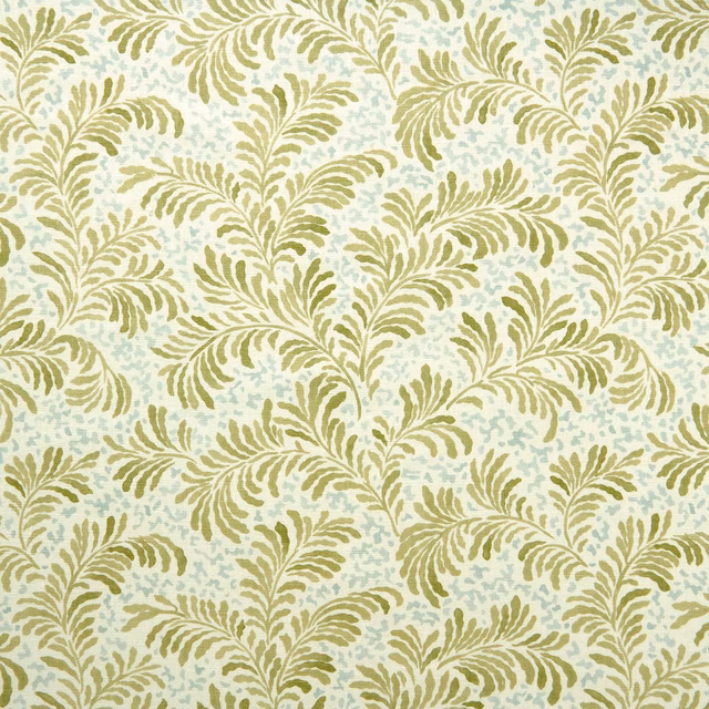 Olive green leafy botanical linen fabric on a pale cream ground