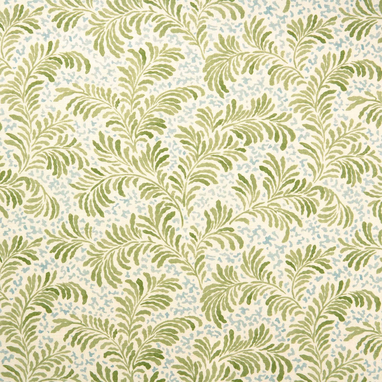 Green leafy botanical print on ivory linen with pale blue speckles