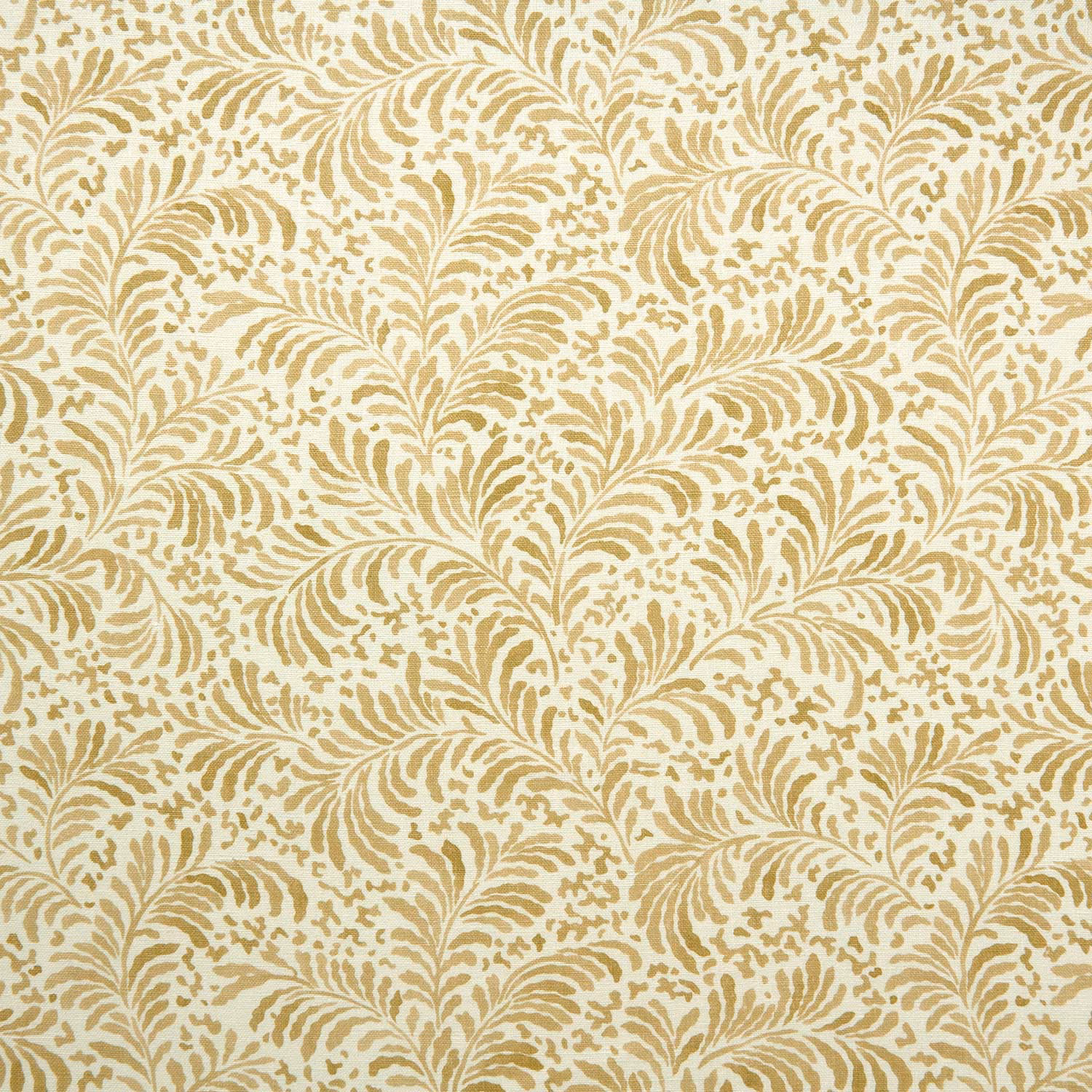 Cream linen fabric with soft raffia-gold leafy botanical print