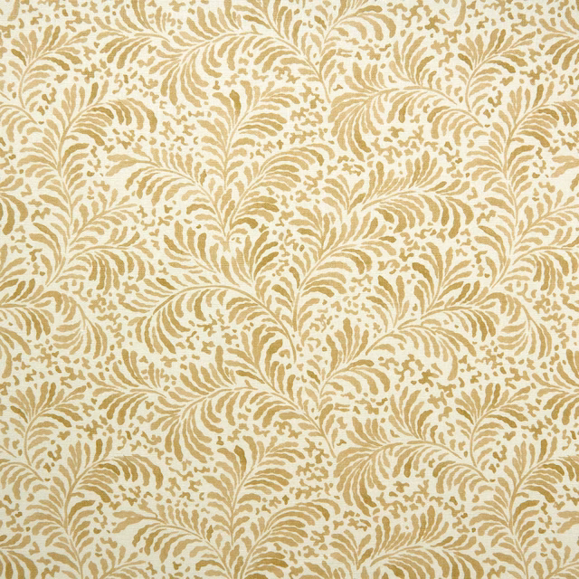Cream linen fabric with soft raffia-gold leafy botanical print