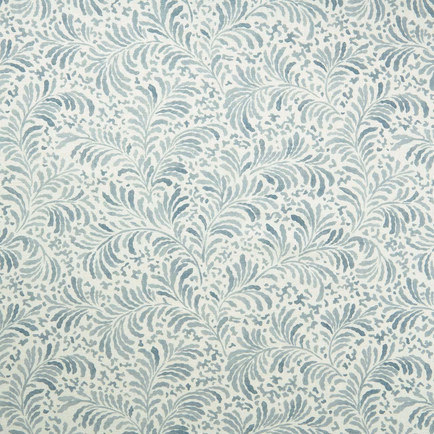 Soft blue-green leafy floral linen swatch on a pale ground