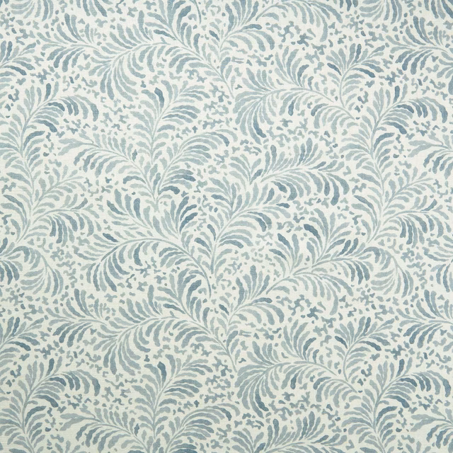 Soft blue-green leafy floral linen swatch on a pale ground