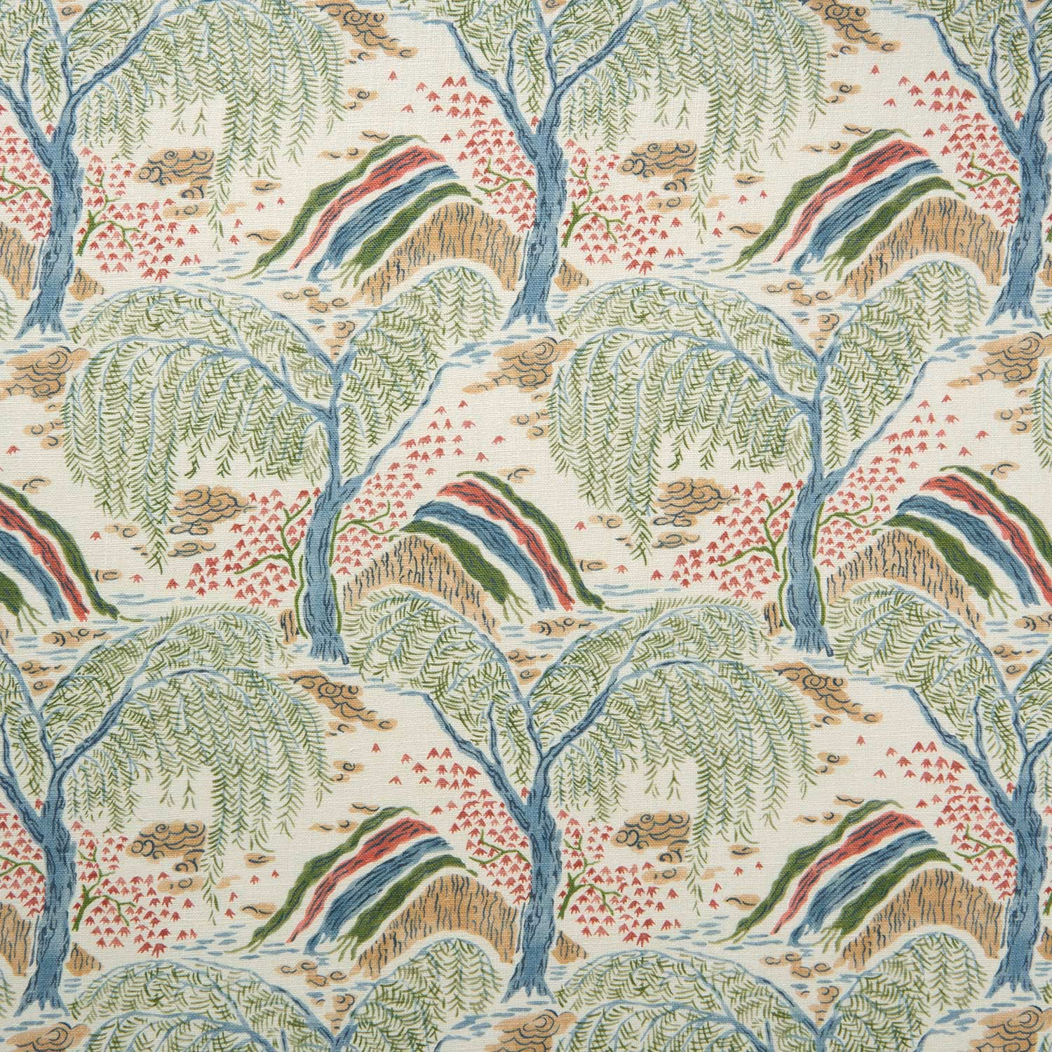 Scenic woven fabric with cranberry red motifs, green hills and blue trees on cream