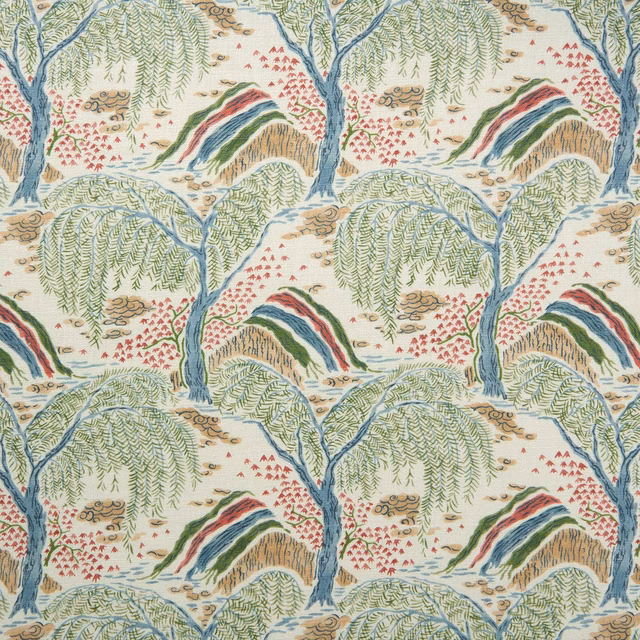 Scenic woven fabric with cranberry red motifs, green hills and blue trees on cream