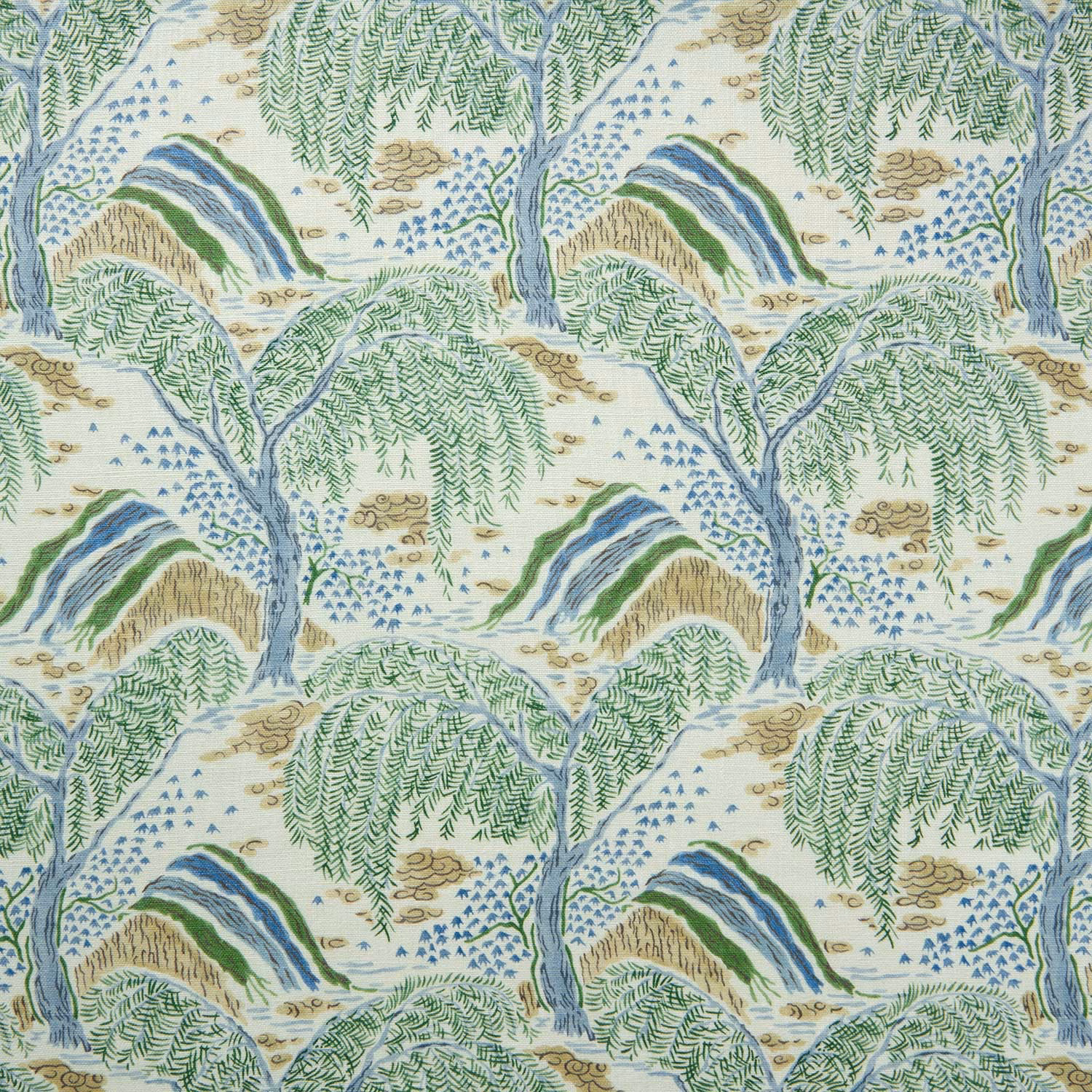 Cream botanical fabric with emerald foliage, blue trunks and small gold details