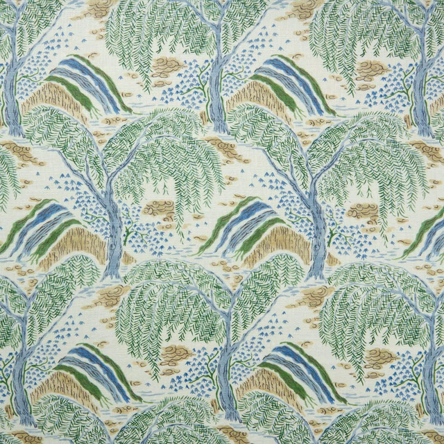 Cream botanical fabric with emerald foliage, blue trunks and small gold details