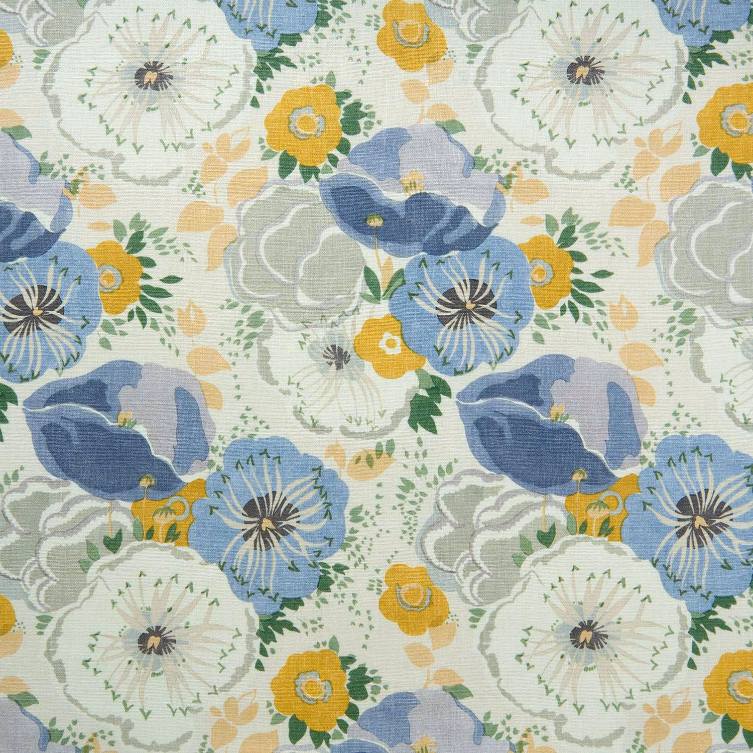 Painterly blue, grey and yellow floral cushion fabric on a pale ground