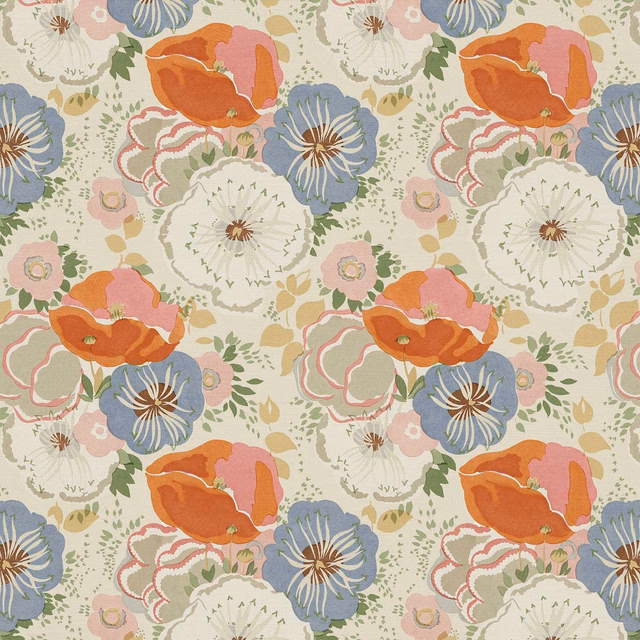 Large-scale floral fabric with tangerine, blue and blush blooms on a pale ground