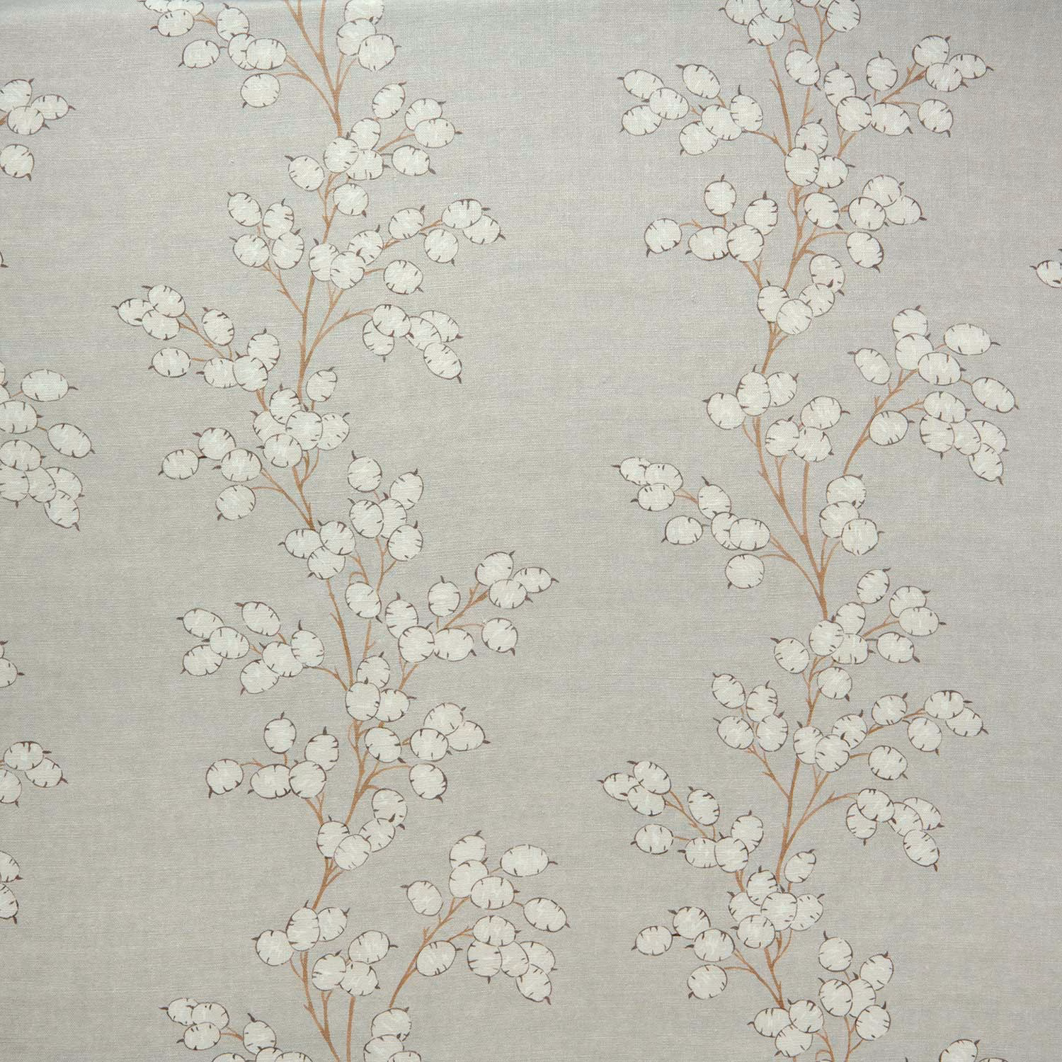Pale grey linen fabric with trailing blush stems and small ivory berry clusters