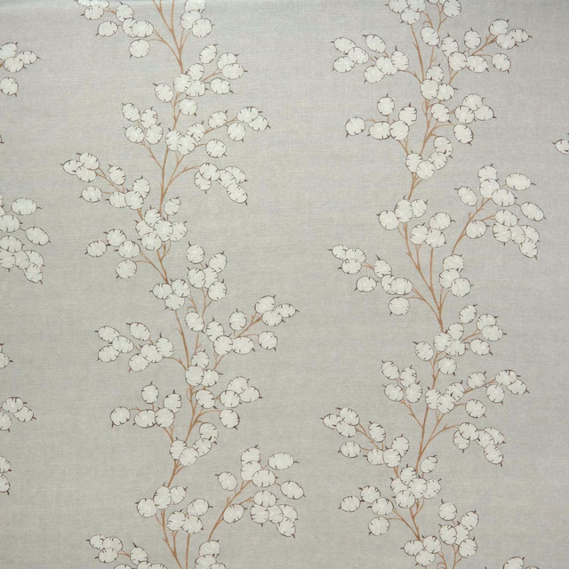 Pale grey linen fabric with trailing blush stems and small ivory berry clusters
