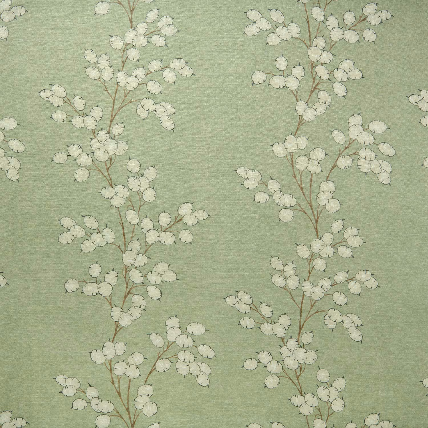 Sage green linen fabric with slender branch-and-leaf botanical print