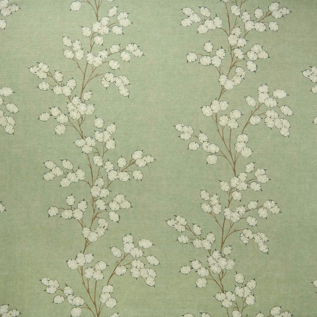 Sage green linen fabric with slender branch-and-leaf botanical print